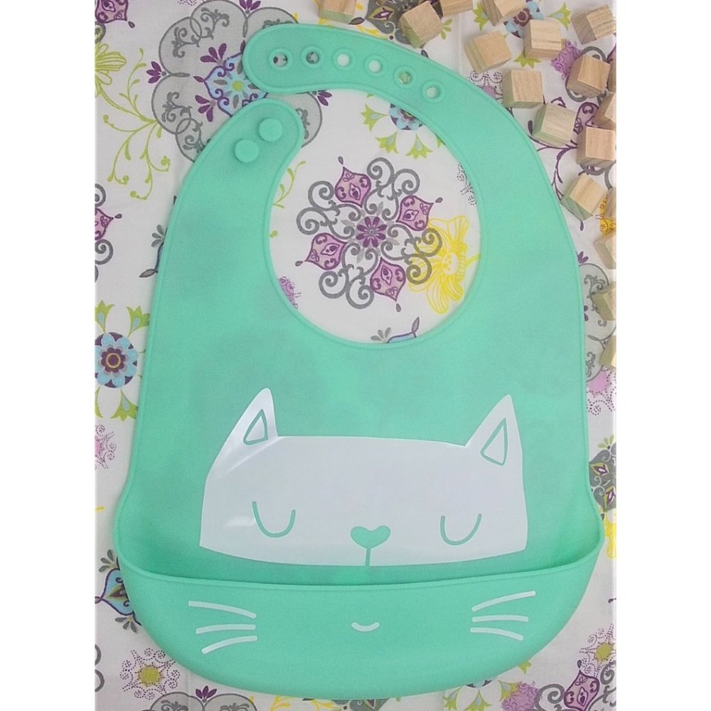 Baby Bibs Easily Wipe Clean -Silicone Mint Cat